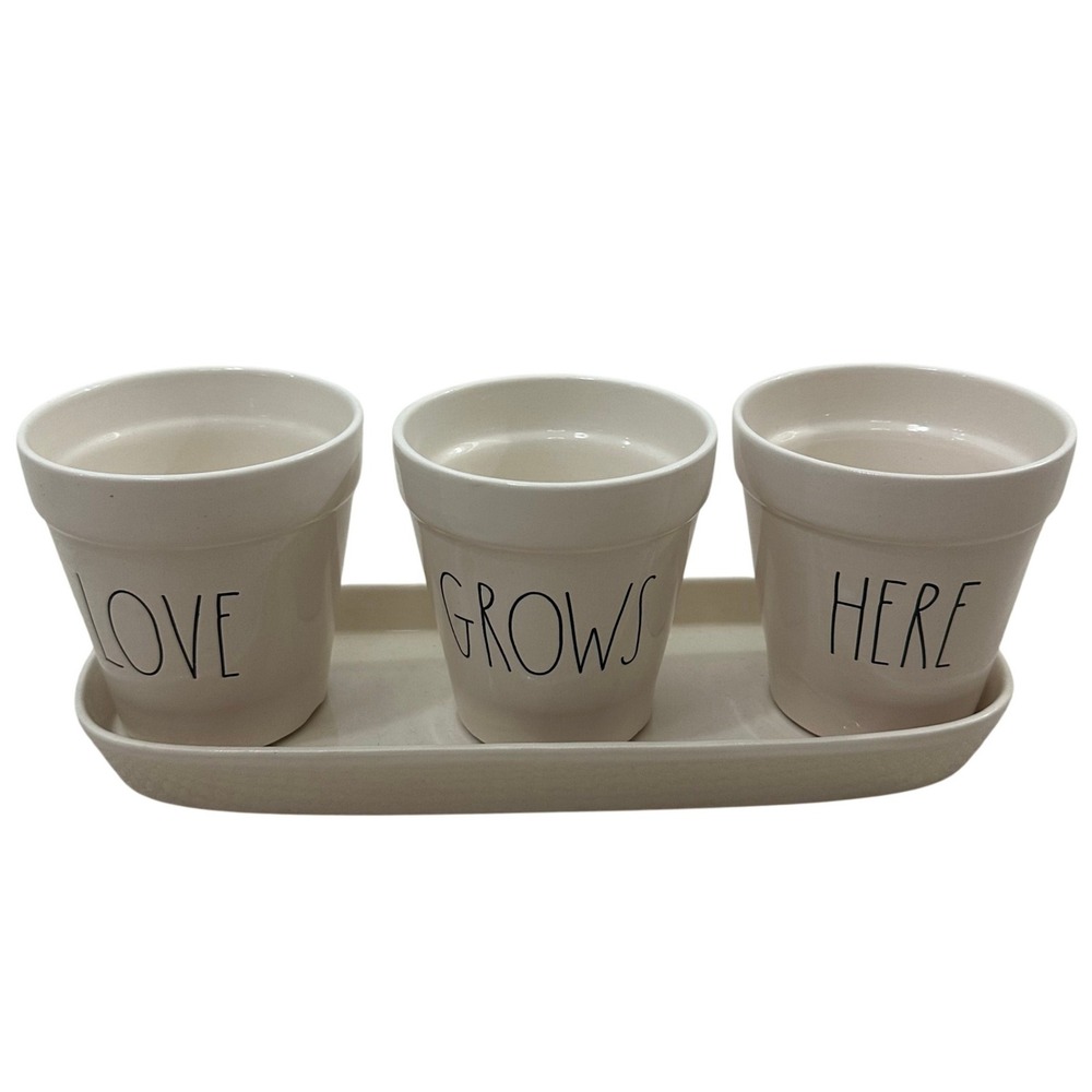 Rae Dunn Love Grows Here Ceramic 3 Pot Planter Set with Tray Cream Farmhouse